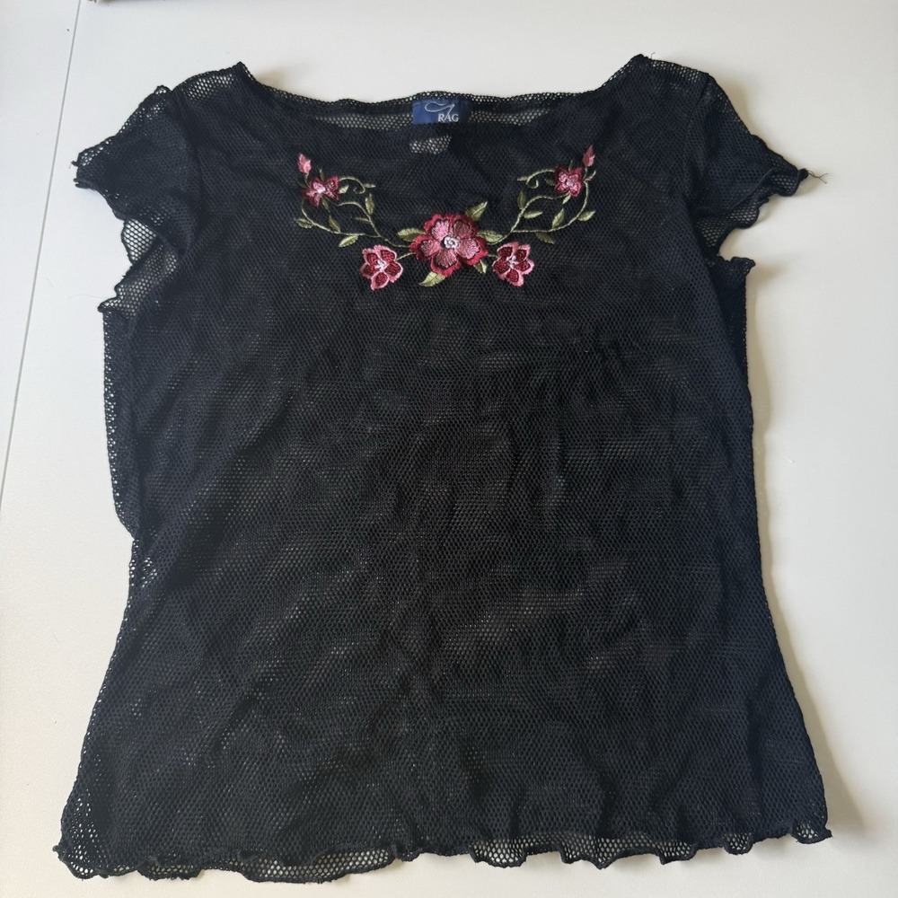 Vintage Rag Lace Fishnet Top Embroidery Floral Y2K 90s Whimsigoth Fairy Grunge L
